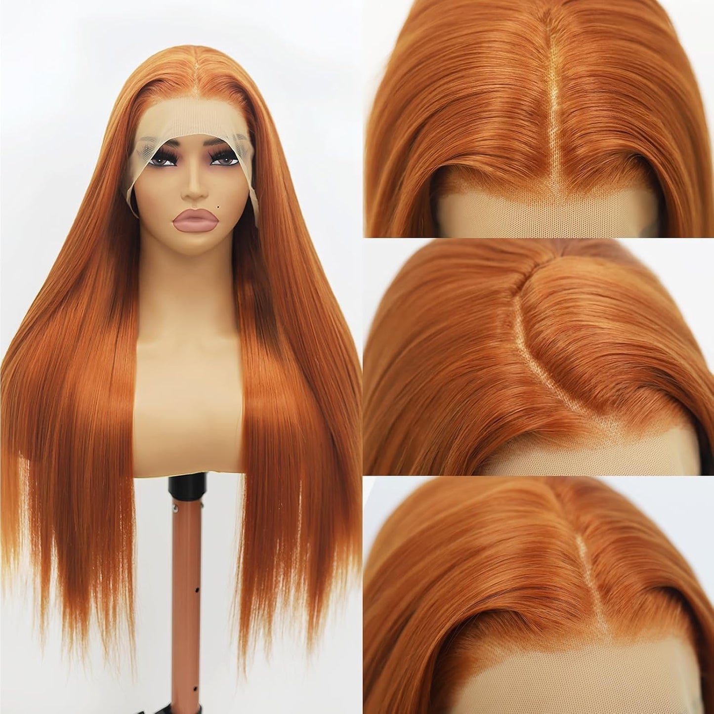 Fugady Long Ginger Glueless Wig 13x4 Orange Straight Heat Resistant Synthetic Fiber Lace Front Wig Dark Ginger Pre Plucked 200 Density Hd Lace Wig With Baby Hair Colorful Wigs For Women 26 inches