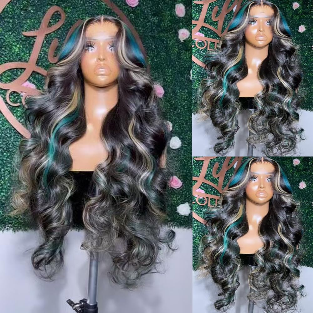 SISIFIRE Blue Blonde Highlight Lace Front Wigs for Women Pre-plucked Hairline Glueless 13X4 Inch Synthetic Lace Front Wig with Baby Hair Long Deep Wavy Wigs