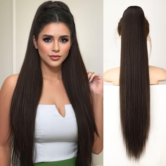 ORSUNCER Drawstring Ponytail Extension, Long Straight Pony Tails Hair Extensions Natural Soft Clip in Ponytail for Women Synthetic Hairpieces Dark Brown