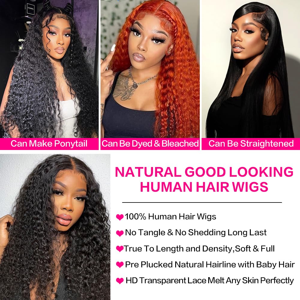 YIJUNDEMA 30 Inch Deep Wave Lace Front Wigs Human Hair 200 Density 13x6 HD Transparent Water Wave Lace Front Wigs Human Hair Pre Plucked Deep Wave Wig Glueless Curly Wig for Women