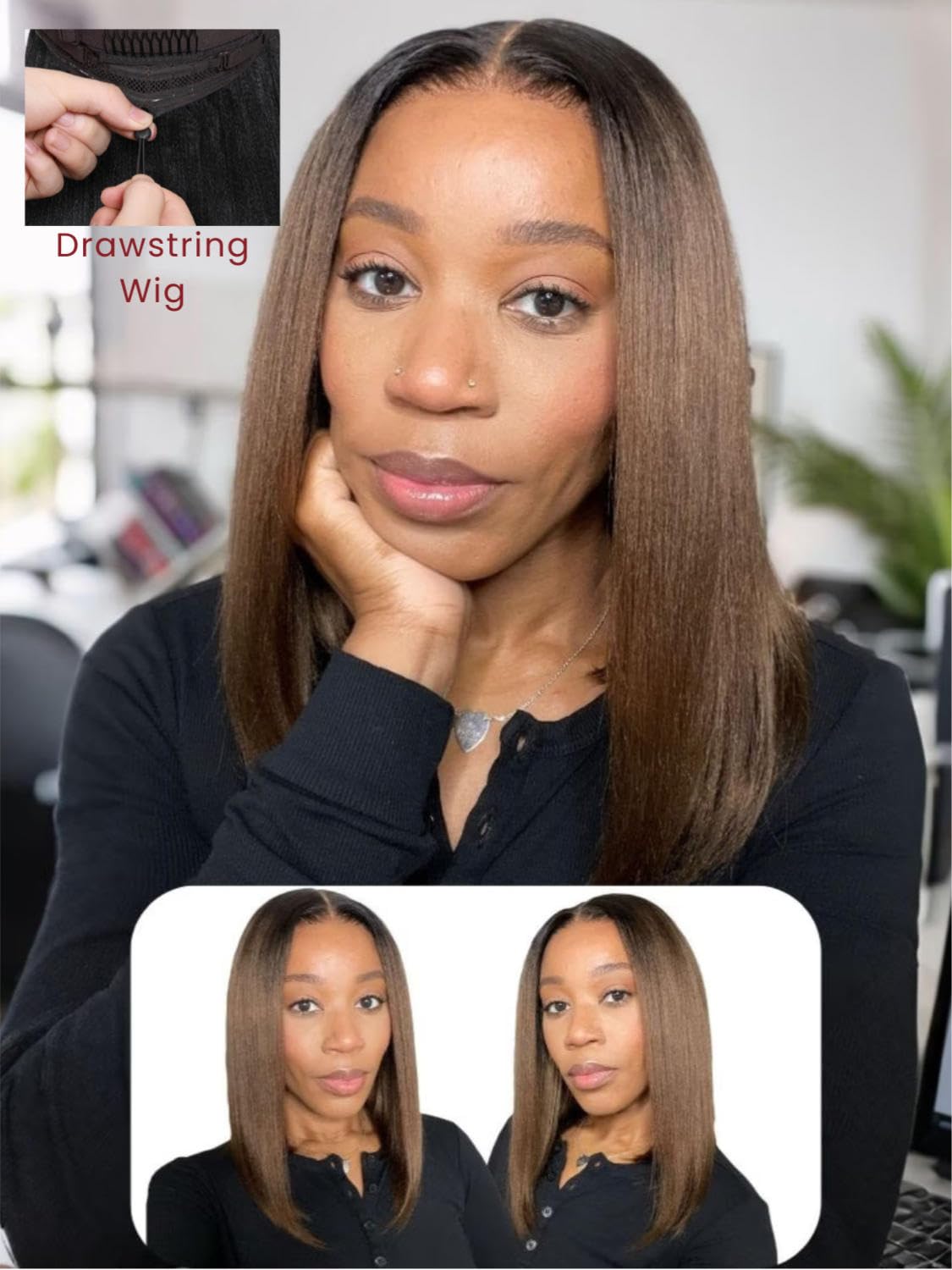 Beauty Forever Bob Drawstring Wig Human Hair Black to Chestnut Brown Yaki Straight Bob Glueless 13x4 Pre Everything Lace Front 150% Density 14 Inch Pre Cut Plucked Bye Bye Knots Ready to Go Short Wig