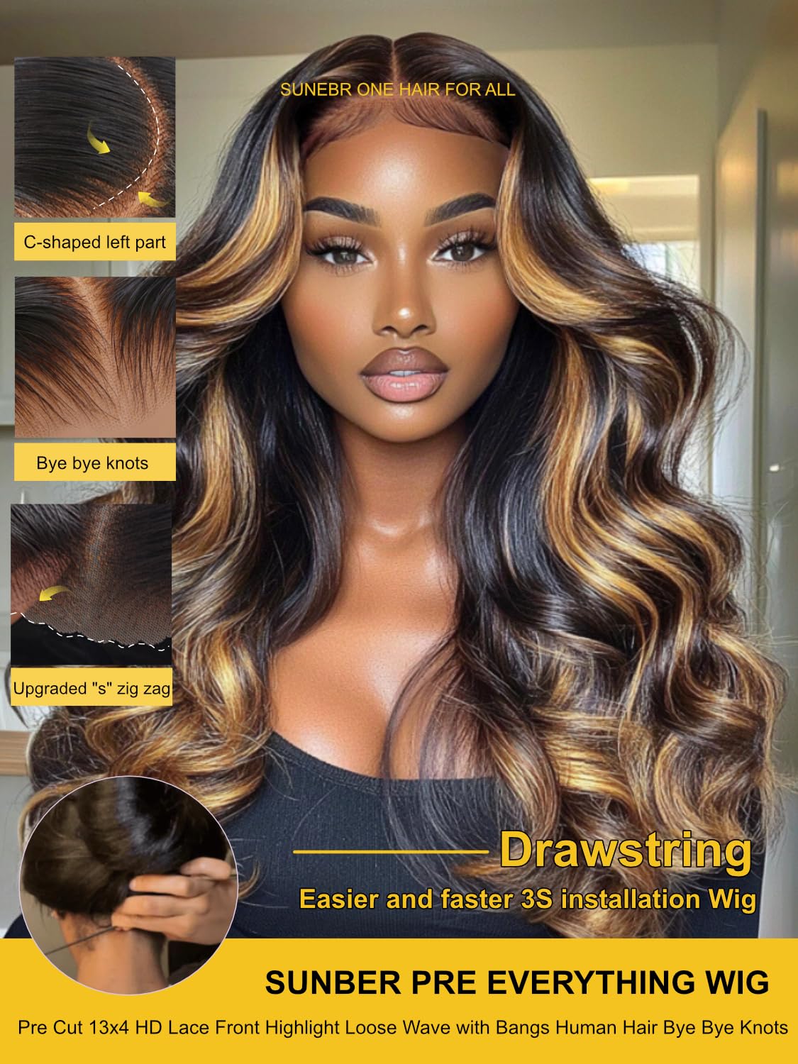 Sunber Butterscotch Highlights Brown with Free Face Framing Bangs Wig Pre Cut 7x5 Bye Bye Knots Lace Loose Wave Glueless Wigs 150% Density Pre Plucked Pre Bleached Knots 150% Density 20Inch Put On Wig