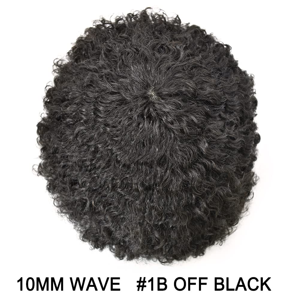 LYRICAL HAIR Hair Uints for Black Men Kinky Curly Human Hair Full Poly Wave Hairpieces Afro Toupee African American Black Men (1B# Off Black, 10MM Afro Wave)