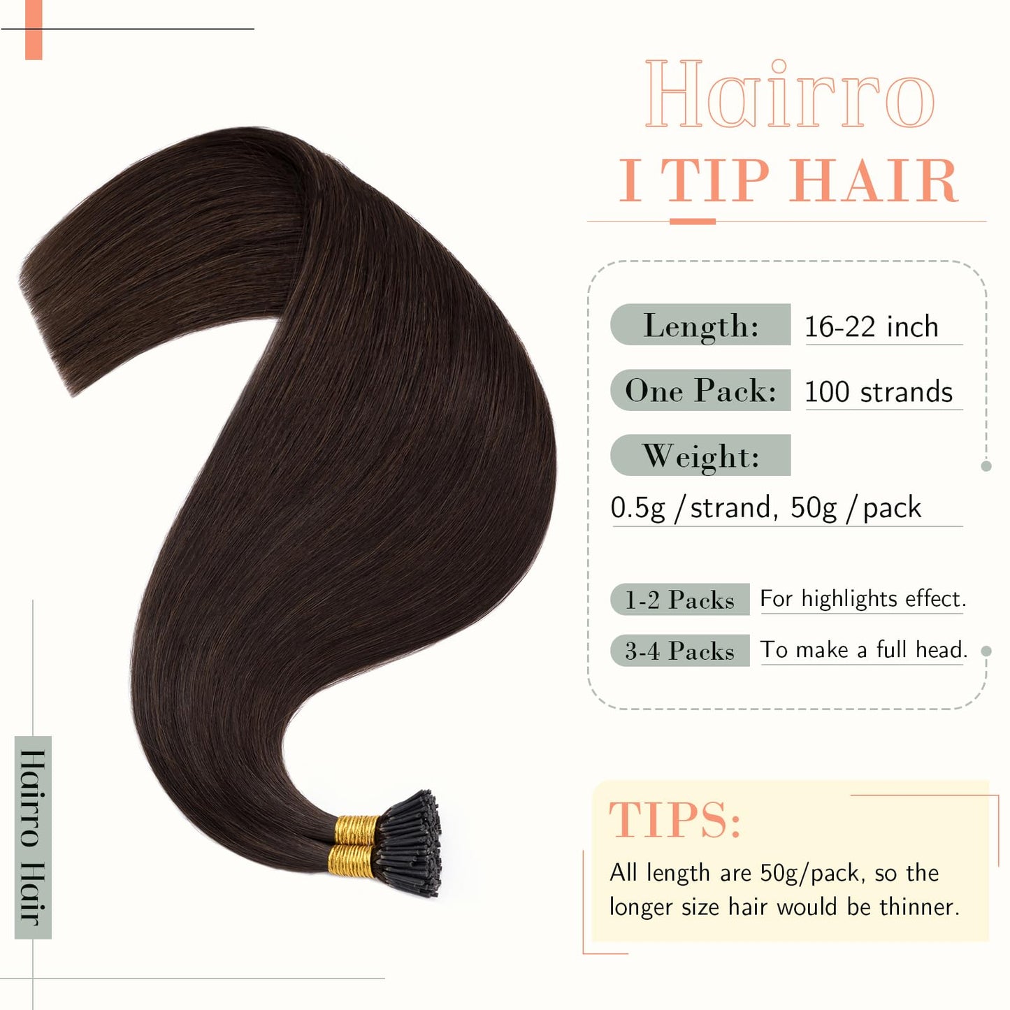 Hairro Pre Bonded Fusion Hair Extensions Remy Keratin Beads Invisible Itip Real Human Hair Extension Stick Tipped Glue Hairpiede Salon Quality I Tip Hair For Women 16" 100 Strands 50g #02 Dark Brown