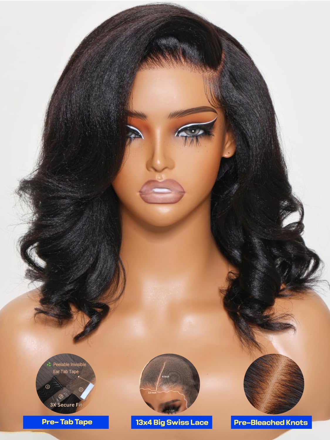 Sunber Put On and Go Glueless Light Yaki Loose Wave Bob Human Hair Wigs Pre Plucked Pre Bleached Human Hair Bye Bye Knots Pre Cut 13x4 HD Lace Front Lace with Elastic Drawstring Pre Everything 10Inch