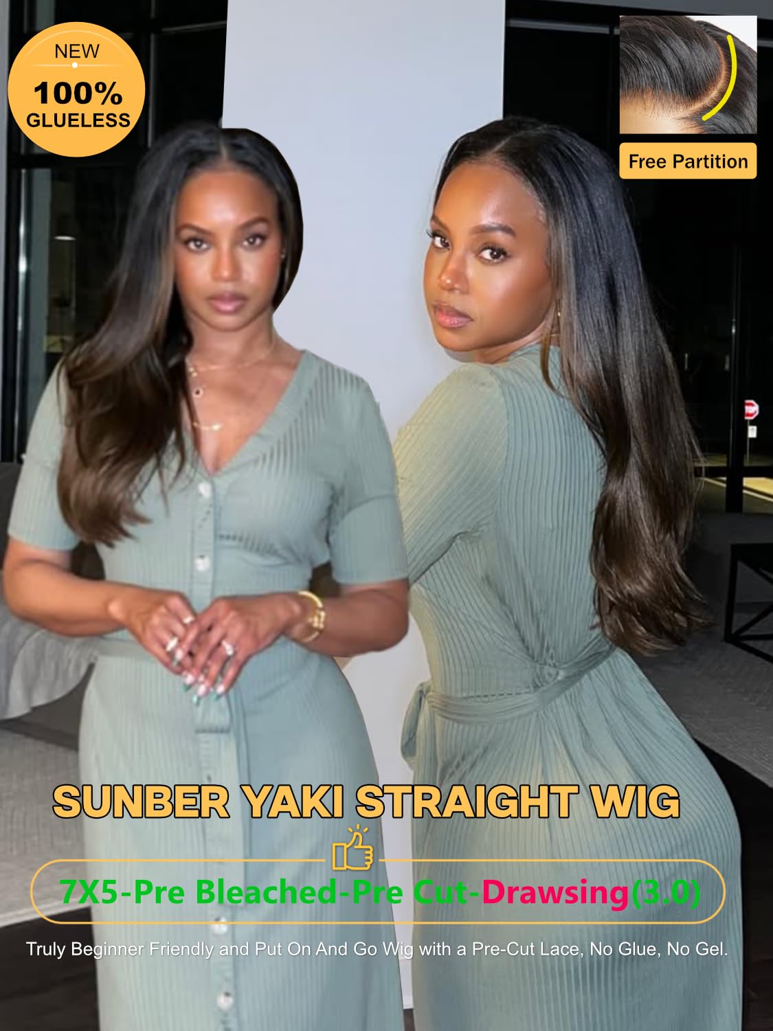Sunber Ombre Chestnut Yaki Straight Human Hair Wigs with Drawstring Put and Go Bye Bye Knots Pre Cut 7x5 HD Lace Front Glueless Yaki Wigs Pre Plucked Invisible Knots 3S Wear 18Inch Beginner friendly