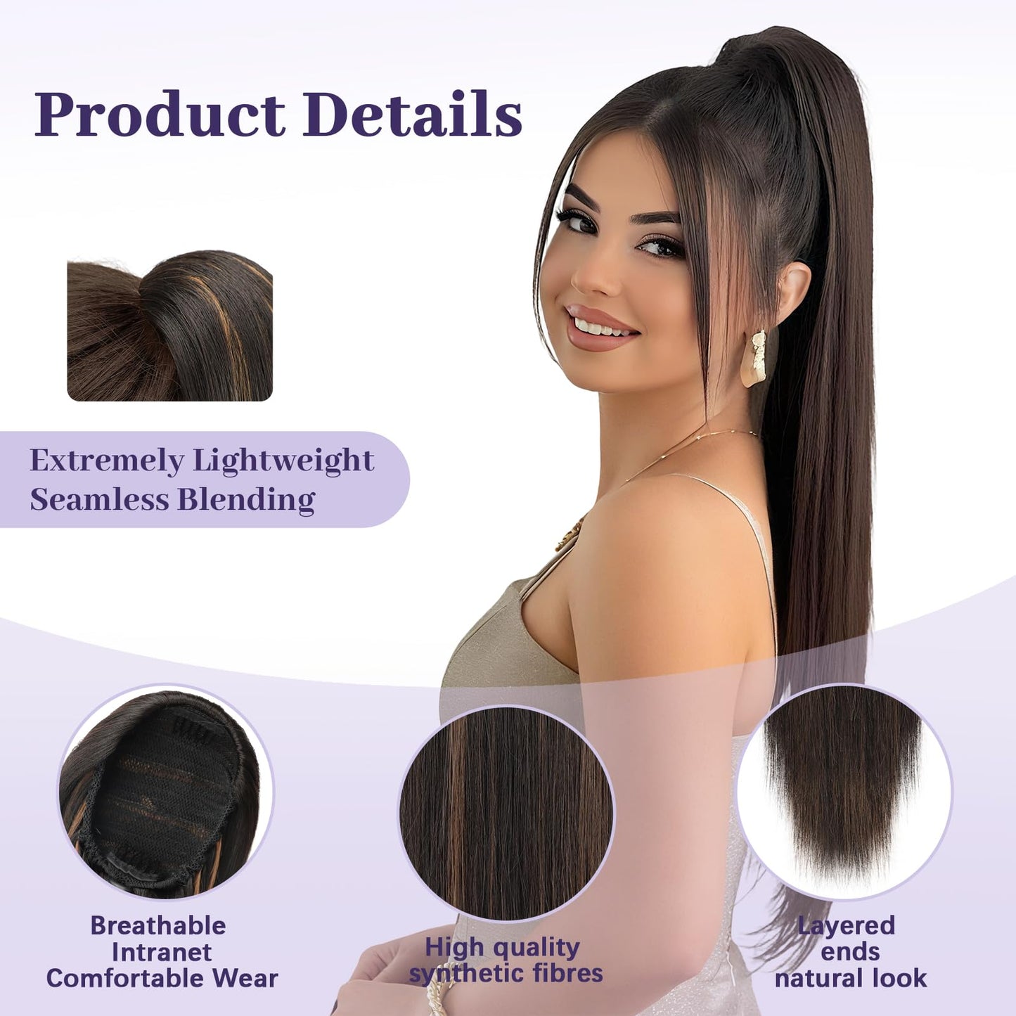 ORSUNCER Drawstring Ponytail Extension, Long Straight Pony Tails Hair Extensions Natural Soft Clip in Ponytail for Women Synthetic Hairpieces Dark Brown Mix Blonde
