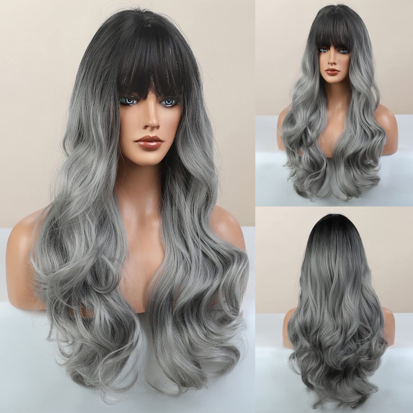 Honygebia Grey Wig with Bangs - Ombre Gray Wigs for Women, Long Wavy Layered Black Root Realistic Hair, Natural Synthetic Heat Resistant Wigs for Halloween/Christmas/Cosplay/Party