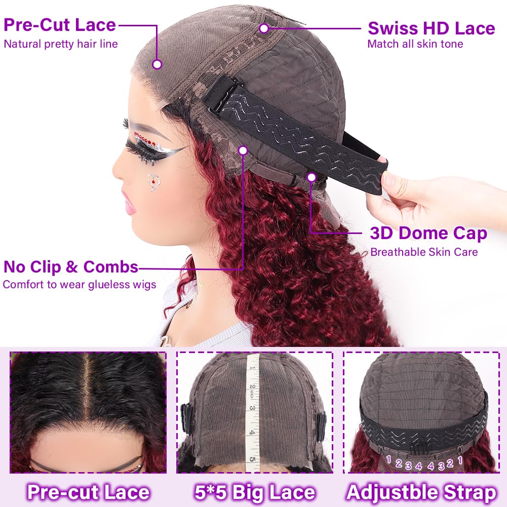 UCUVIC Wear And Go Glueless Wigs Human Hair Pre Plucked Pre Cut Curly 5x5 Deep Wave Bob Wig Human Hair Lace Front Closure Wigs For Black Women 200 Density Curly Wig Glueless Ombre Burgundy 12 Inch