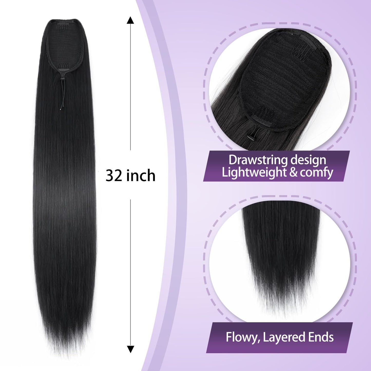 ORSUNCER Drawstring Ponytail Extension, Long Straight Pony Tails Hair Extensions Natural Soft Clip in Ponytail for Women Synthetic Hairpieces Black