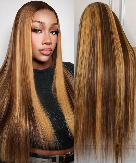 WOOMN 4/27 Ombre Lace Front Wig Human Hair 200 Density Real Virgin Hair 30 Inch Highlight Straight Wigs Human Hair Pre Plucked 13x6 HD Lace Frontal Wig Longer Life No Tangle No Shedding
