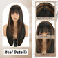 NOVFLKW Highlight Long Straight Layered Wig with Bangs for Women 26 inch Highlight Brown Put on Go Realistic Synthetic Heat Resistant Natural Wig for Girls Party Cosplay and Daily Use