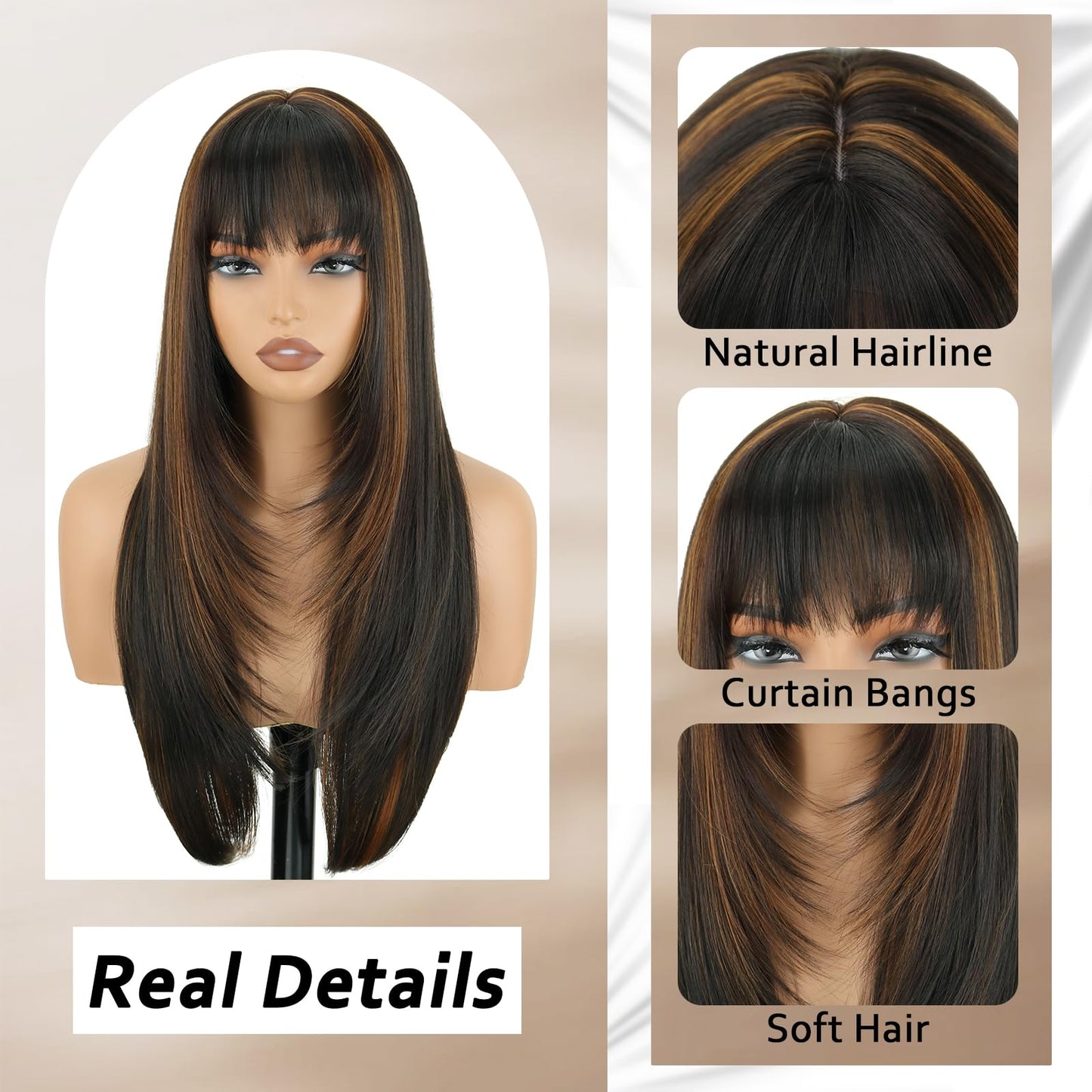 NOVFLKW Highlight Long Straight Layered Wig with Bangs for Women 26 inch Highlight Brown Put on Go Realistic Synthetic Heat Resistant Natural Wig for Girls Party Cosplay and Daily Use