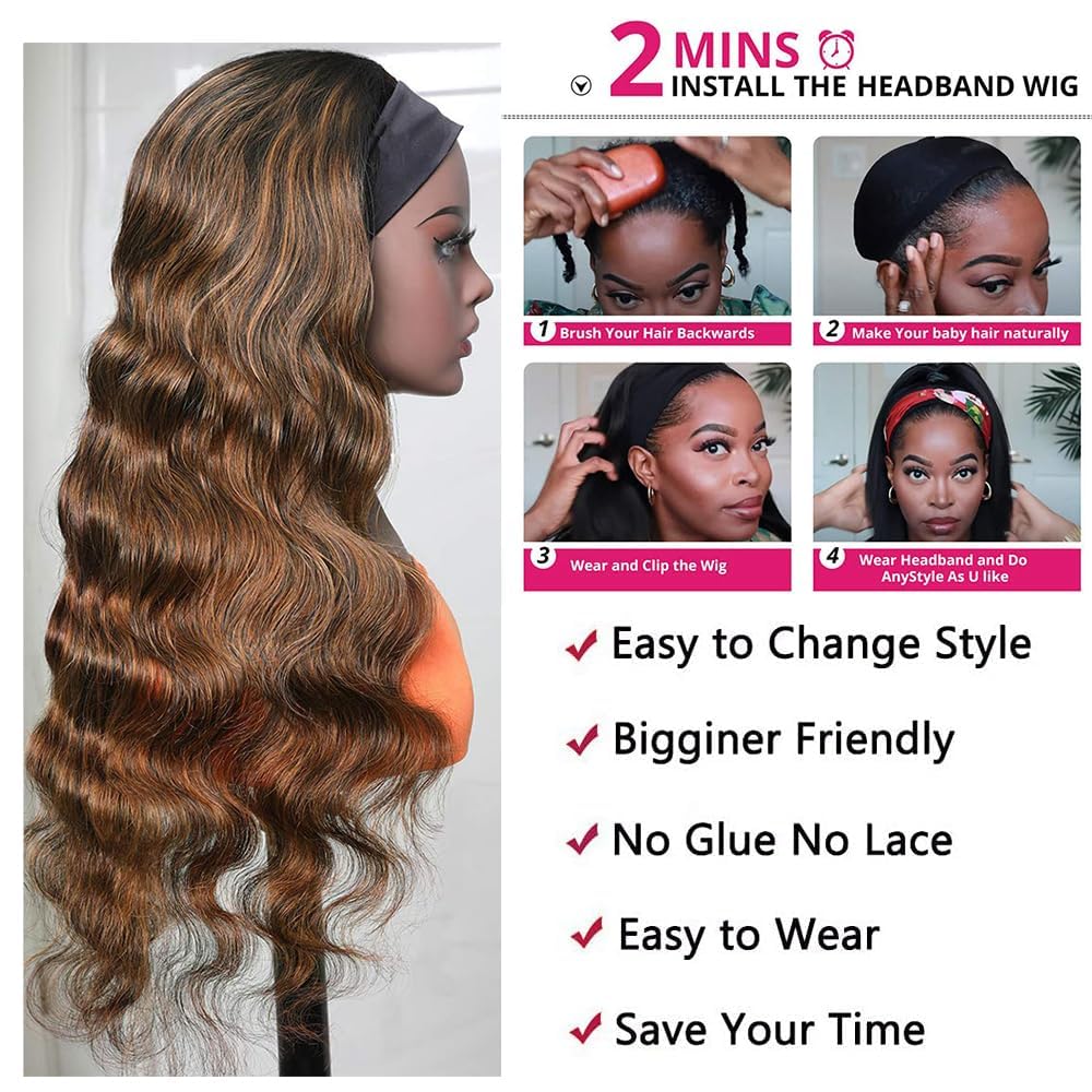 olimaruly Headband Wig Human Hair 18 inch Body Wave Ombre None Lace Front Wig Highlight Machine Made for Black Women 150% Density