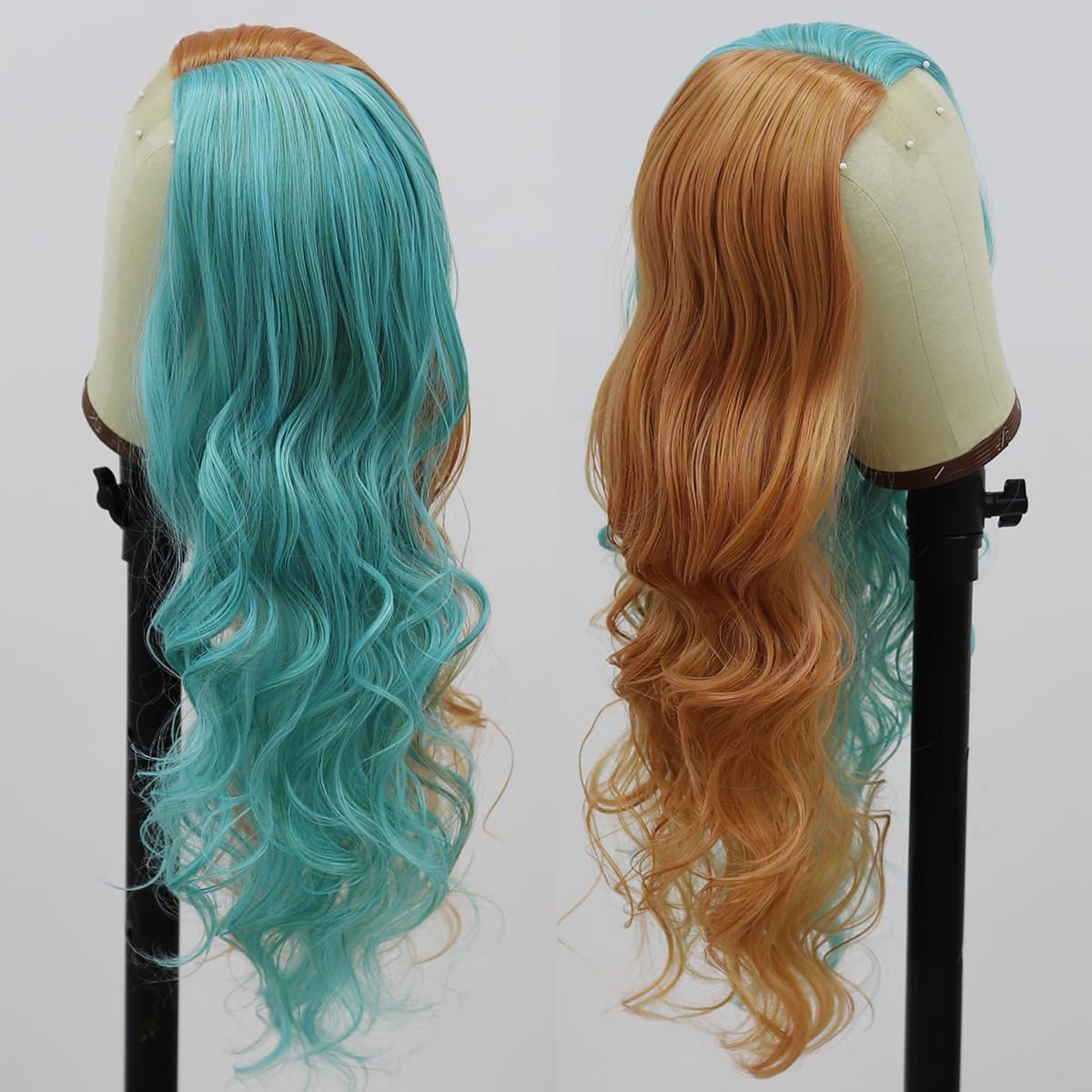 SISIFIRE Synthetic Wavy Wig Ombre Half Blue Small Lace Front Wig Heat Resistant Fiber Wigs for Cosplay Halloween Christmas Wigs