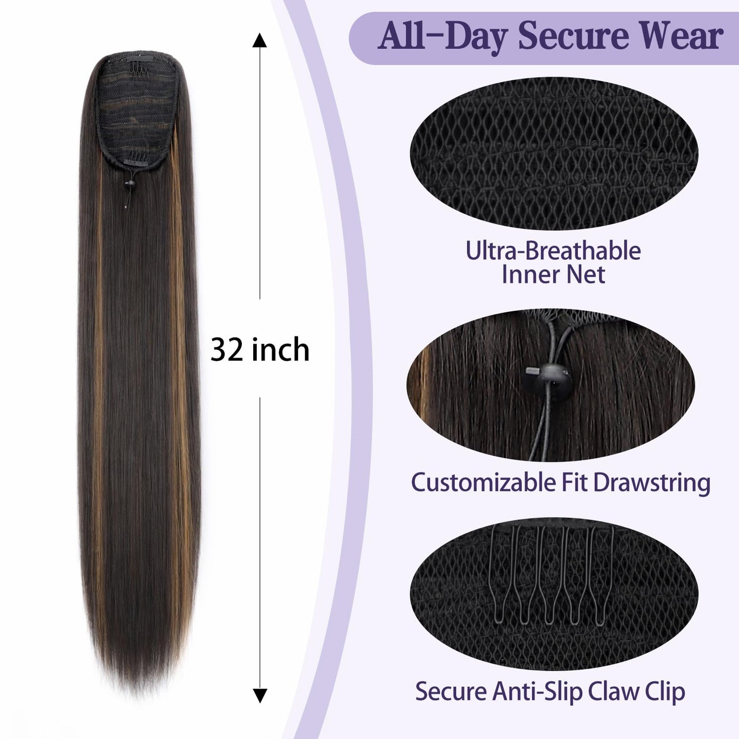 ORSUNCER Drawstring Ponytail Extension, Long Straight Pony Tails Hair Extensions Natural Soft Clip in Ponytail for Women Synthetic Hairpieces Dark Brown Mix Blonde