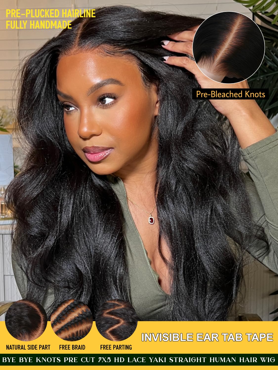 Sunber Yaki Straight Human Hair Bye Bye Knots Pre Cut Lace 7x5 Lace Front Glueless Wig Put On Go Light Yaki Straight Wigs Pre Bleached Invisible Knots 150% Density with Baby Hair 18Inch for Beginner