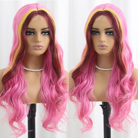 SISIFIRE Pink Yellow Highlight Dark Red Long Curly Wavy Wigs for Women Middle Part Synthetic Heat Resistant Fiber Small Lace Wig for Halloween Cosplay Christmas Wigs