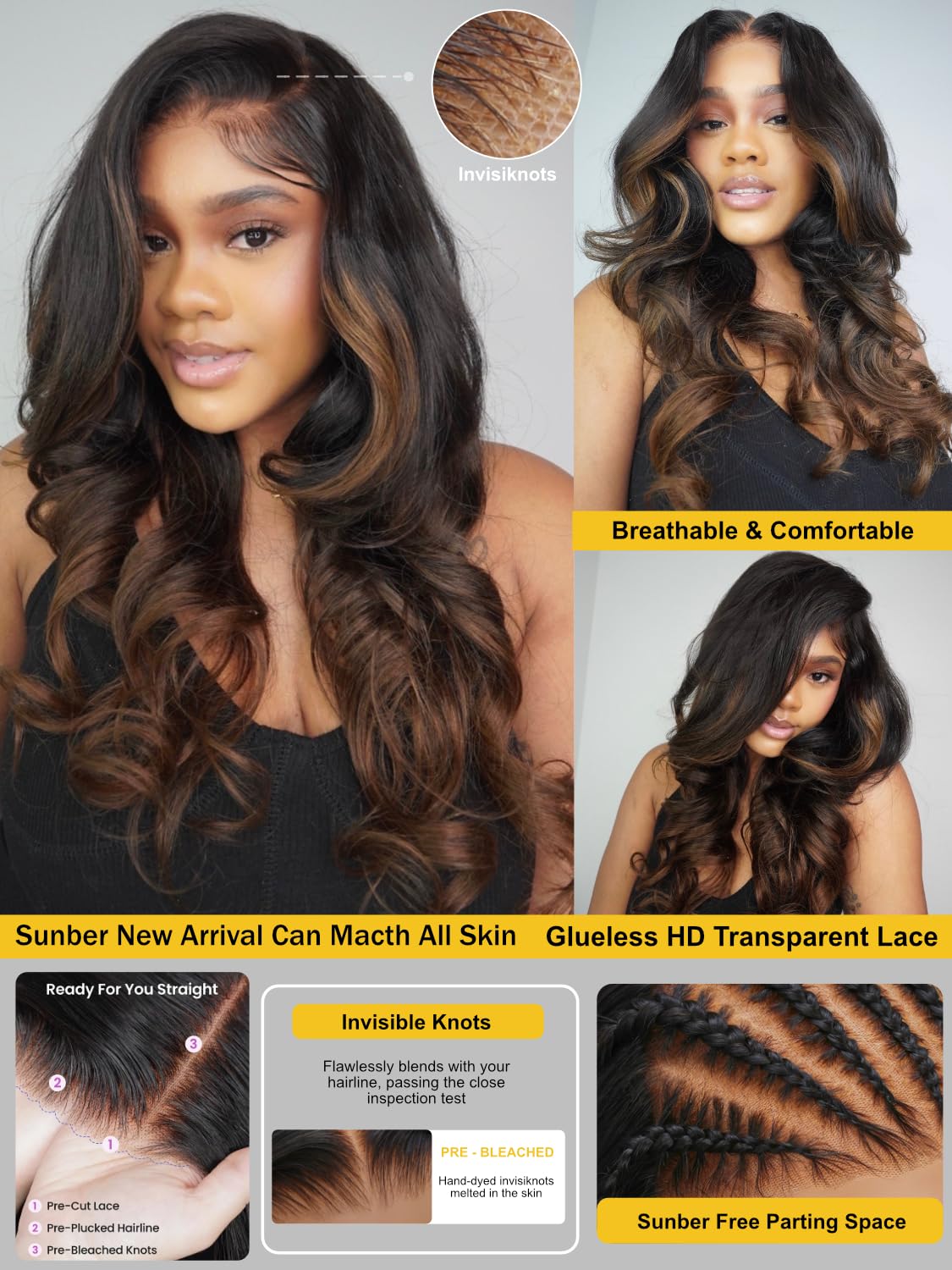 Sunber Ombre Highlight Brown Body Wave Human Hair Glueless Balayage Wigs Pre Cut 7x5 HD Lace Front with Elastic Drawstring 150% Density Put On and Go Pre Plucked Pre Bleached Invisible Knots 24Inch