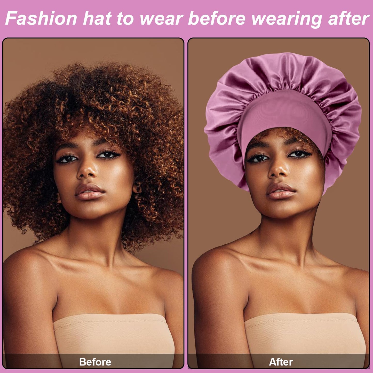 4PCS Silk Satin Bonnets for Black Women & Men - Elastic Wide Band Hair Wrap Cap for Curly Hair - Shower Cap for Sleeping (Black & Bean Paste Pink & Purple & Brown)