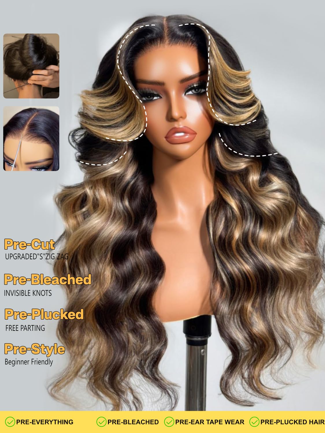 Sunber Butterscotch Highlights Brown with Free Face Framing Bangs Wig Pre Cut 7x5 Bye Bye Knots Lace Loose Wave Glueless Wigs 150% Density Pre Plucked Pre Bleached Knots 150% Density 20Inch Put On Wig