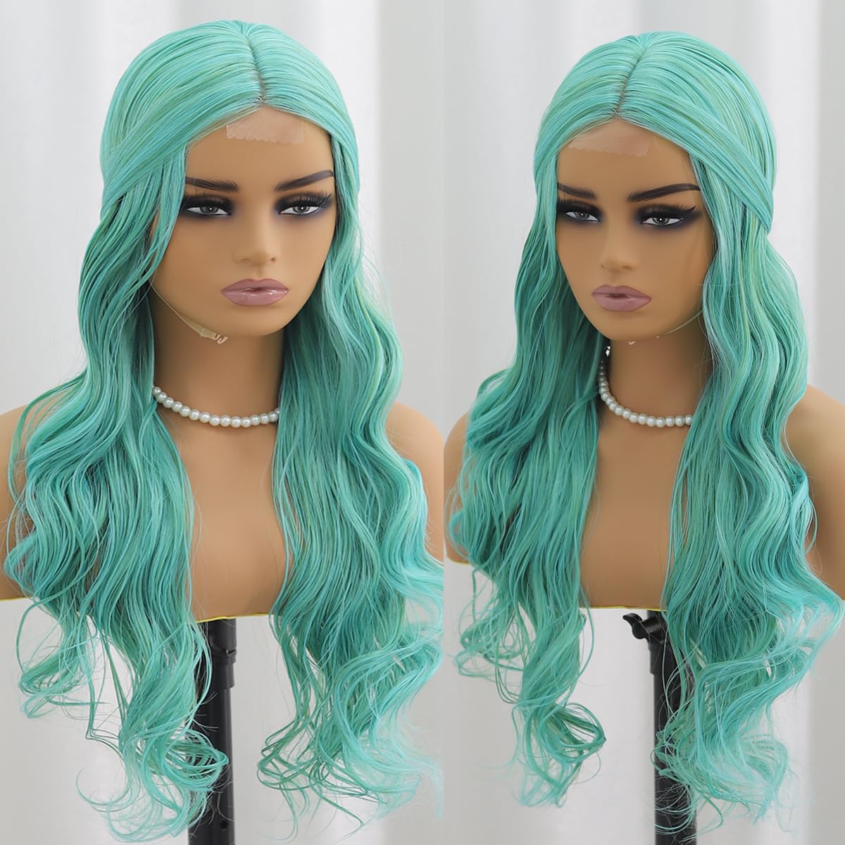 SISIFIRE Highlight Long Wavy Wigs for Women Green Middle Part Loose Curly Wave Wig Synthetic Heat Resistant Fiber Wig for Halloween Cosplay Christmas Wigs