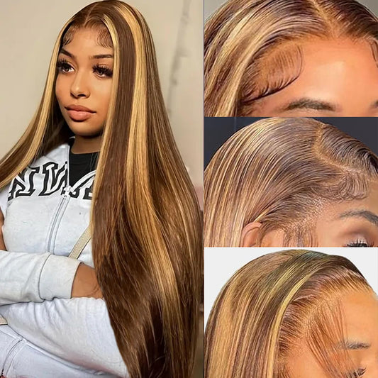 Highlight Ombre Lace Front Wig Human Hair 30Inch Honey Blonde Lace Front Wigs Human Hair 13x6 HD Transparent Straight Lace Front Wigs 180% Density 4/27 Colored Human Hair Pre Plucked with Baby Hair
