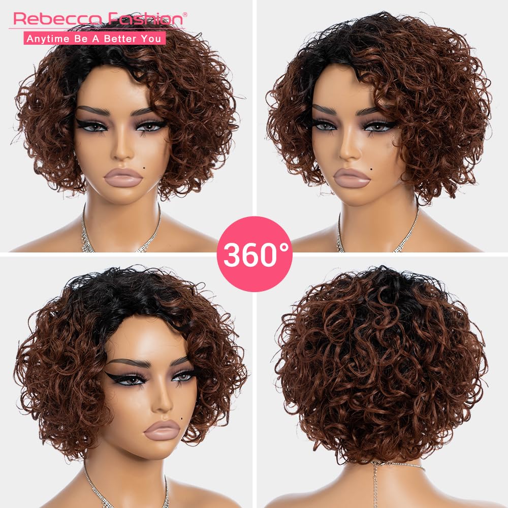 Rebecca Fashion Short Curly Human Hair Wigs for Black Women Cute Curly Bob Wig Side Part Brazilian Remy Non Lace Glueless Wigs Natural Looking Ombre Natural Color to Brown