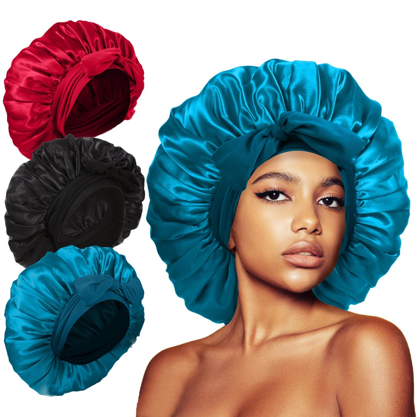 Kafteri 3Pcs Satin Silk Bonnet for Sleeping, Extra Large Hair Bonnets for Sleeping Black Curly Hair Women Big Jumbo Bonnet with Tie Band Braids