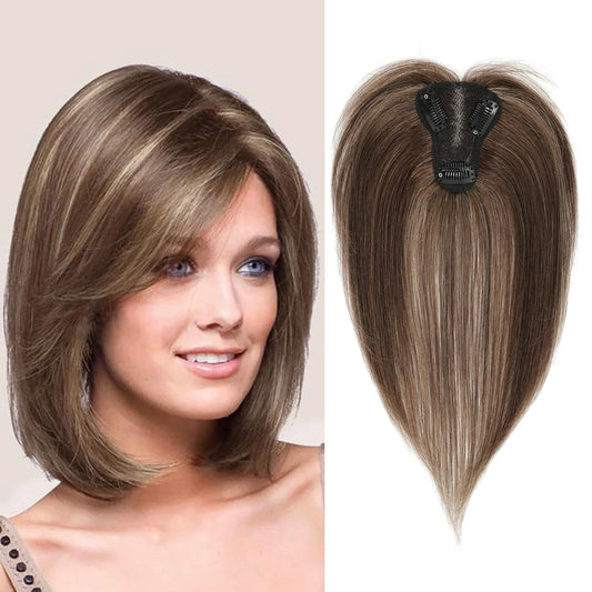 ISTGIFT Hair Toppers for Women Real Human Hair, Bangs Hair Clip 360° 3D Hair Toppers for Women No Bangs Top Hair Extensions, Hair Topper Hair Pieces for Women Daily (Honey Blonde Mixed Light Brown)