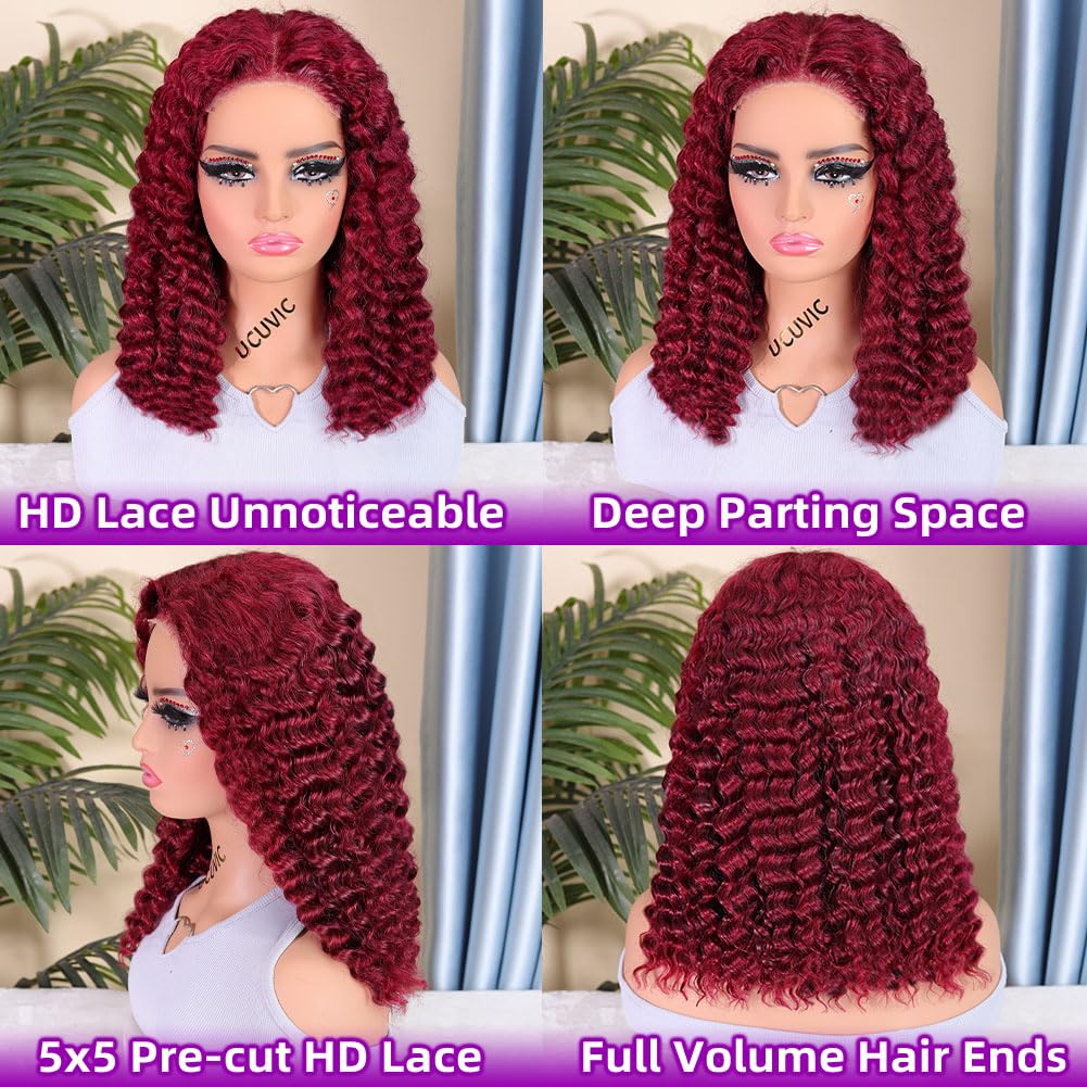 UCUVIC Glueless Wigs Human Hair Pre Plucked Pre Cut Wear And Go Curly 5x5 Deep Wave Bob Wig Human Hair Lace Front Closure Wigs For Black Women 200Density Wig Glueless Wear And Go Burgundy 14 Inch