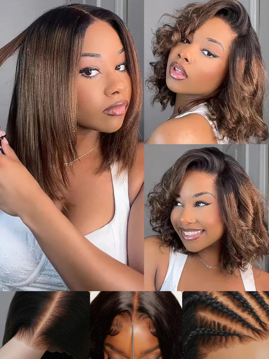 Sunber Ombre Chestnut Brown Light Yaki Straight Bob Human Hair Wigs Bye Bye Knots Pre Cut 7x5 HD Lace Front Lace Put On and Go 3s Wear Glueless Brown Yaki Bob Wig Pre Bleached Invisible Knots 12Inch