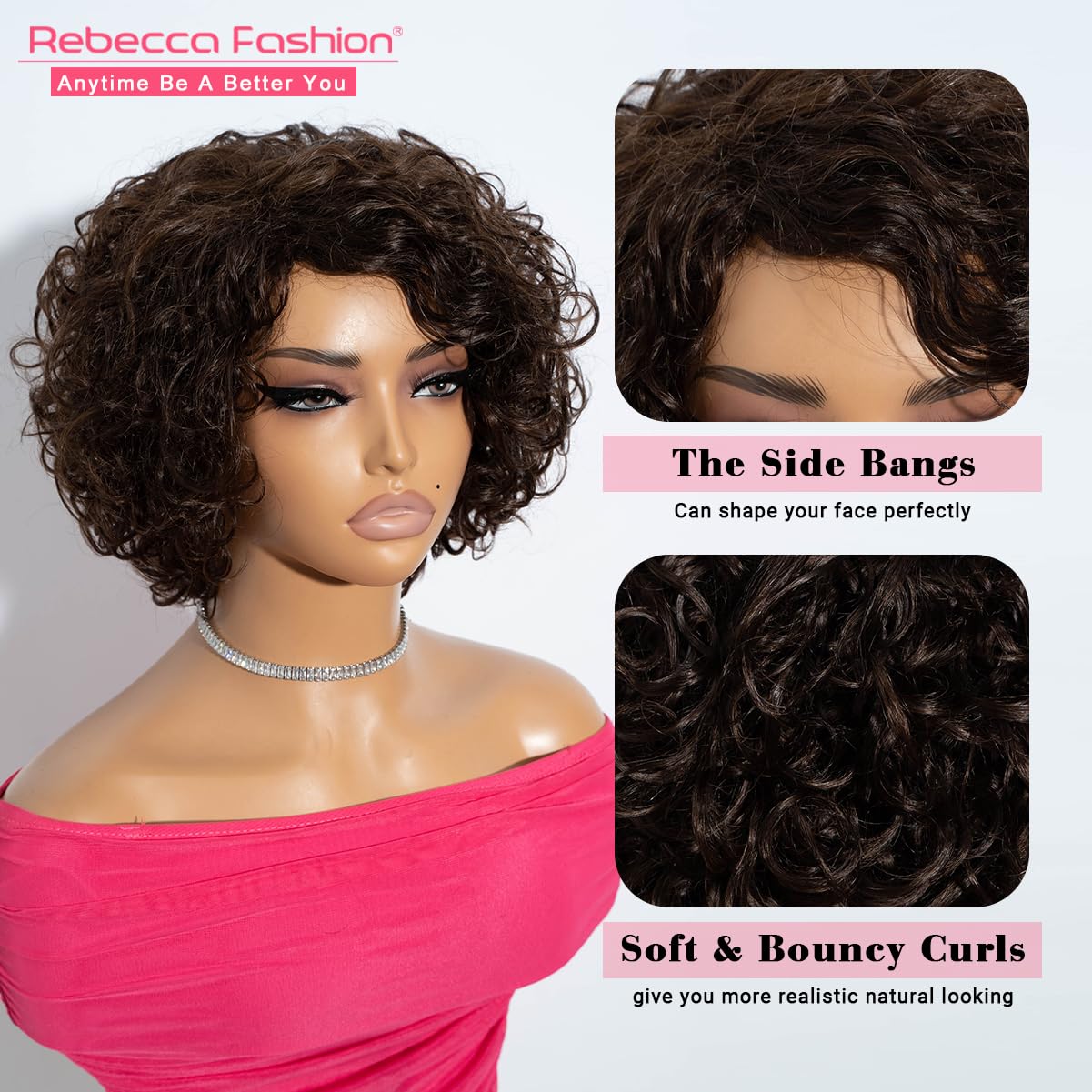Rebecca Fashion Short Curly Human Hair Wigs for Black Women Side Part Cute Curly Bob Wig Brazilian Remy Non Lace Glueless Wigs Natural Looking Chocolate Brown Color