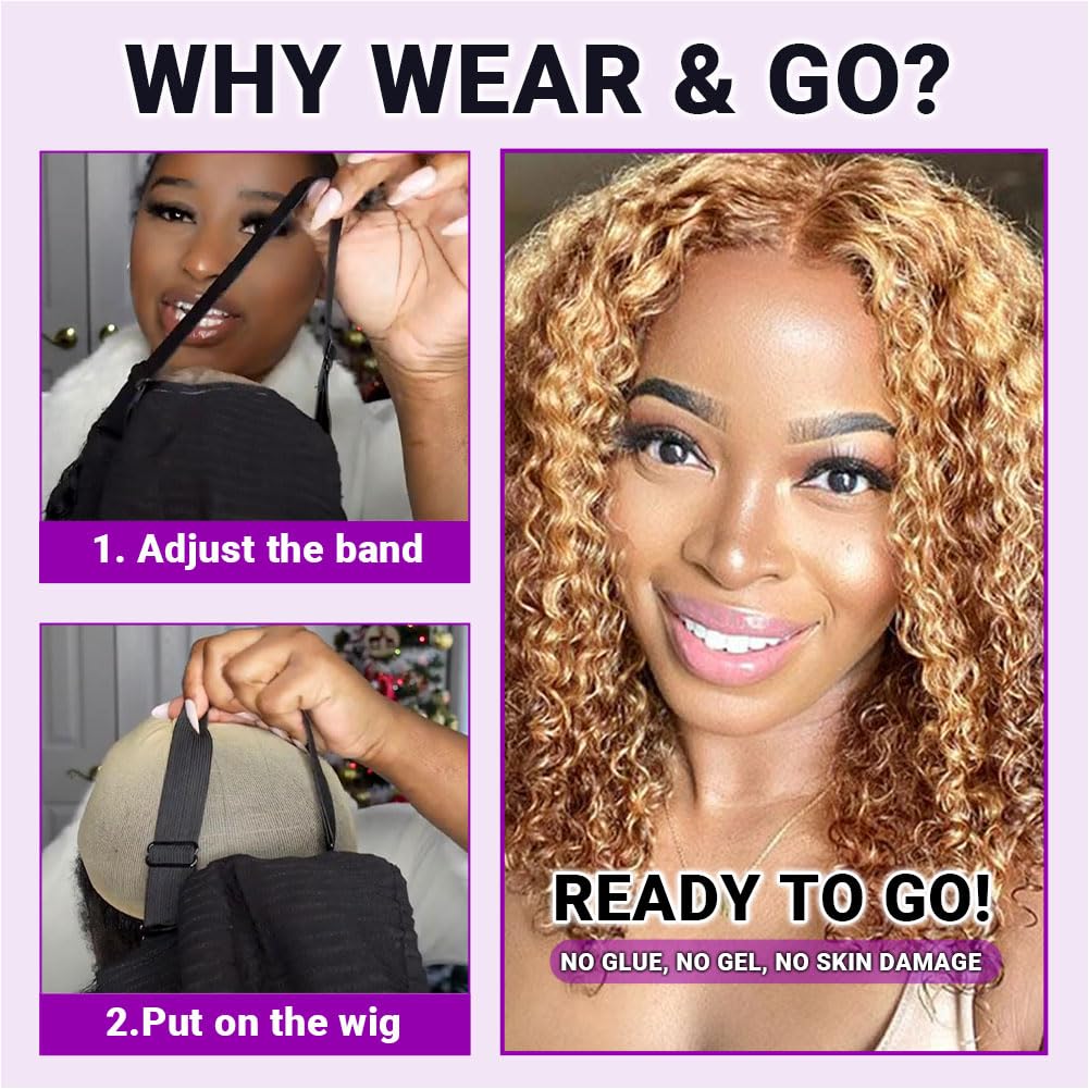 UCUVIC Glueless Wigs Human Hair Pre Plucked Pre Cut Wear And Go Curly 5x5 Deep Wave Bob Wig Human Hair Lace Front Closure Wigs For Black Women 200Density Curly Wig Glueless Highlight Ombre 14 Inch