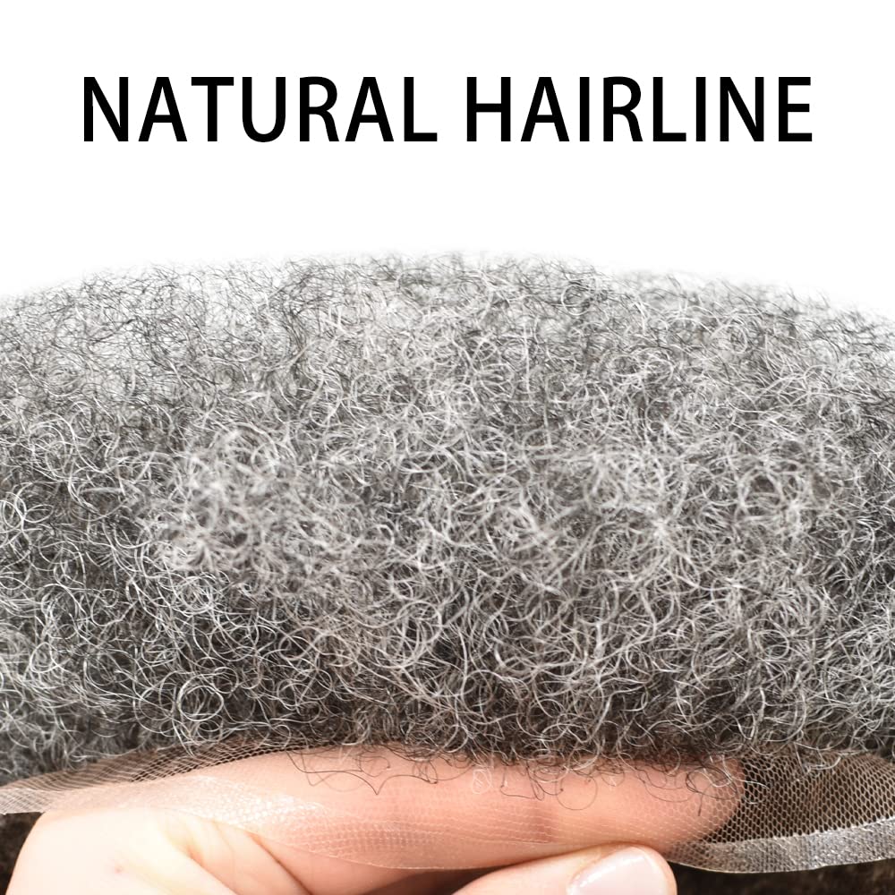 Afro Toupee For Black Men Human Hair All Transparent Lace Man Weave Balding Mens Custom Hair Unit 8X10inch Male Hair Replacement with weaves Light To Medium (10"*8", #1B50 Off Black+50% Gray-6mm)
