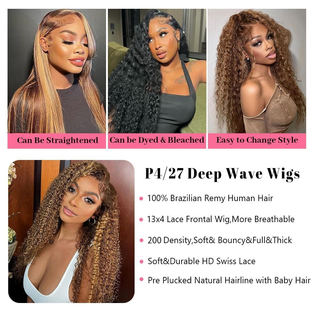 Mepurer Honey Blonde Wig Human Hair Deep Wave Lace Front Wigs 200 Density 4/27 Highlight Ombre 13x4 HD Transparent Lace Front Wig with Baby Hair Deep Curly Wave Wig Human Hair for Black Women 26 Inch