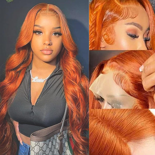 FASCARA Ginger Orange 13x4 Body Wave Lace Front Wigs Human Hair Pre Plucked with Baby Hair HD Transparent Lace Frontal Wig 180% Density Wigs Brazilian 350 Colored for Women Wigs 24 Inch