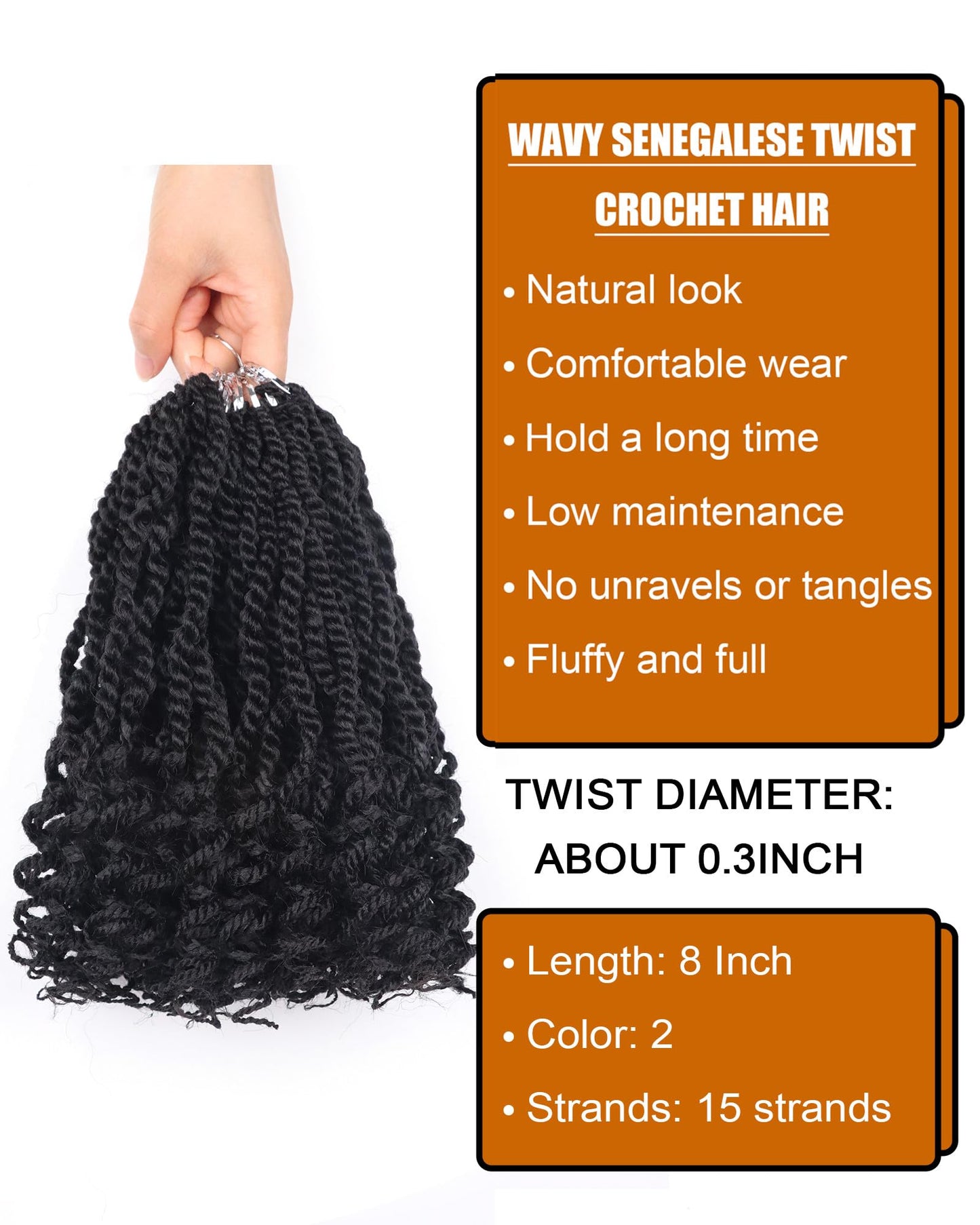 8 Inch Kids Crochet Hair Wavy Senegalese Twist Crochet Hair Color 2 8 Packs Short Bob Pre Looped Crotchet Braids with Culy Ends for Little Girls (8 Inch,2)