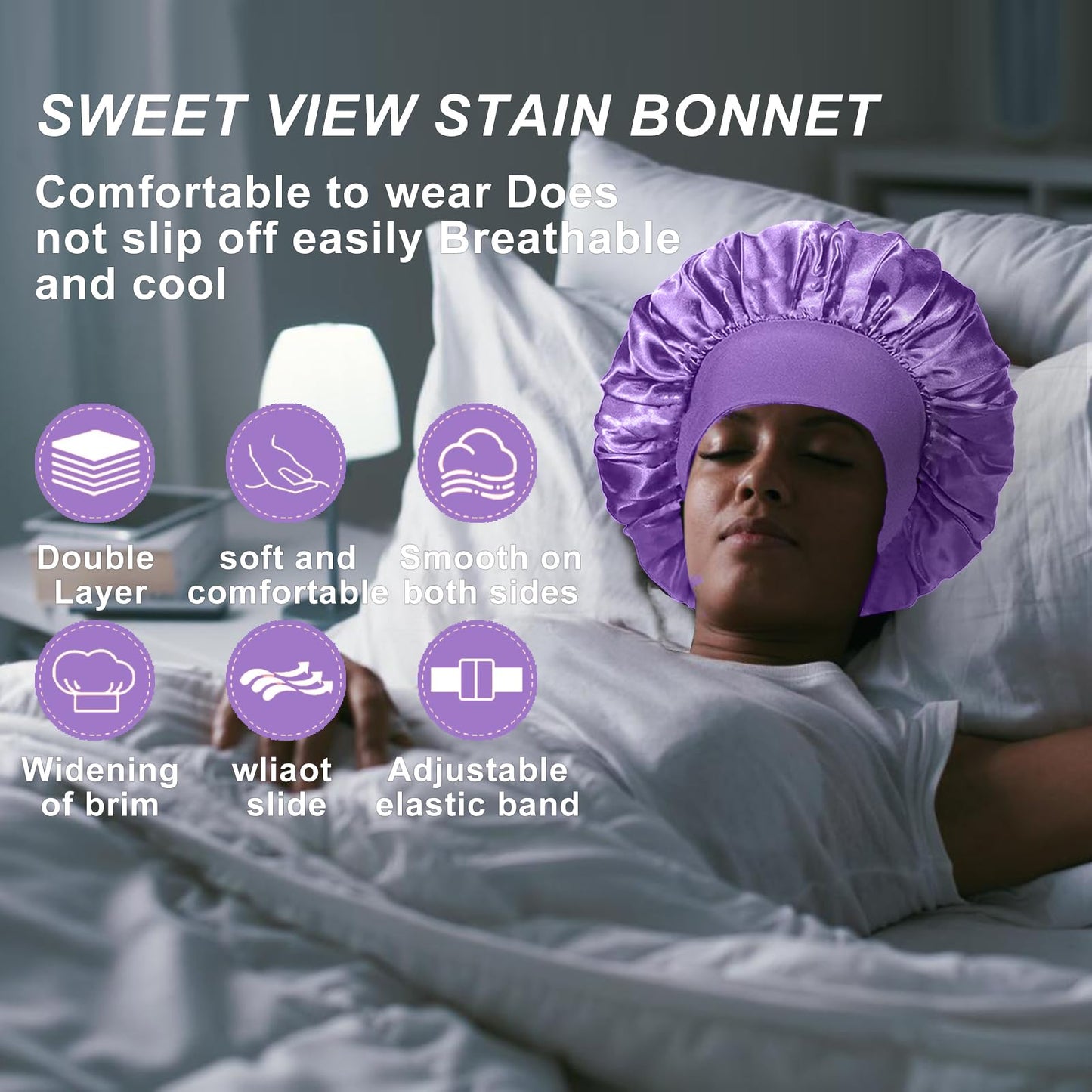 4PCS Silk Bonnet for Sleeping - Satin Bonnets for Black Women & Men, Elastic Wide Band Hair Wrap Cap for Curly Hair, Shower Cap (Black, Sapphire Blue, Pink, Purple)