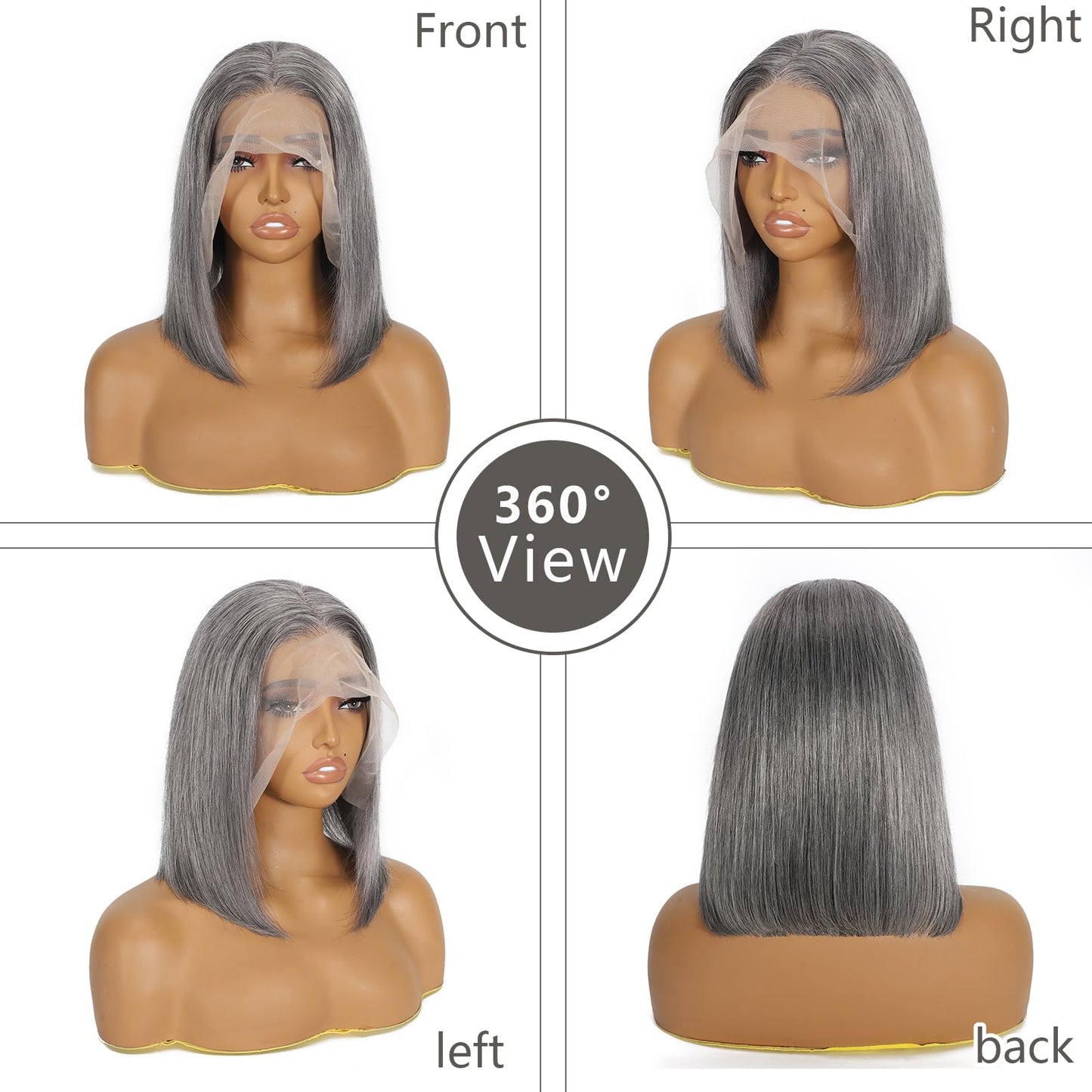 Hoscod 13x4 HD Lace Front Wig Human Hair 14 Inch Grey mixed White Lace Frontal Bob Wigs Human Hair 180% Density Straight Bob Wig Pre Plucked Ombre Grey White Wigs With Baby Hair for Women