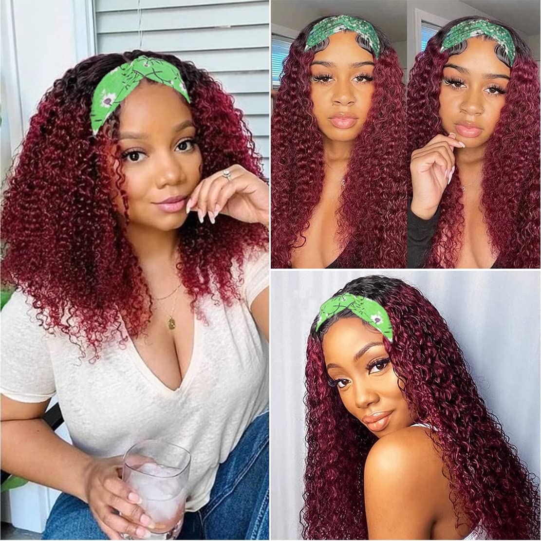 Celiarita Ombre Headband Wig Human Hair Deep Wave 16 Inch Dark Burgundy None Lace Front Wigs Glueless #1B/99J Deep Curly Wave Human Hair Headband Wig Attached Half Wigs for Black Women 150% Density…
