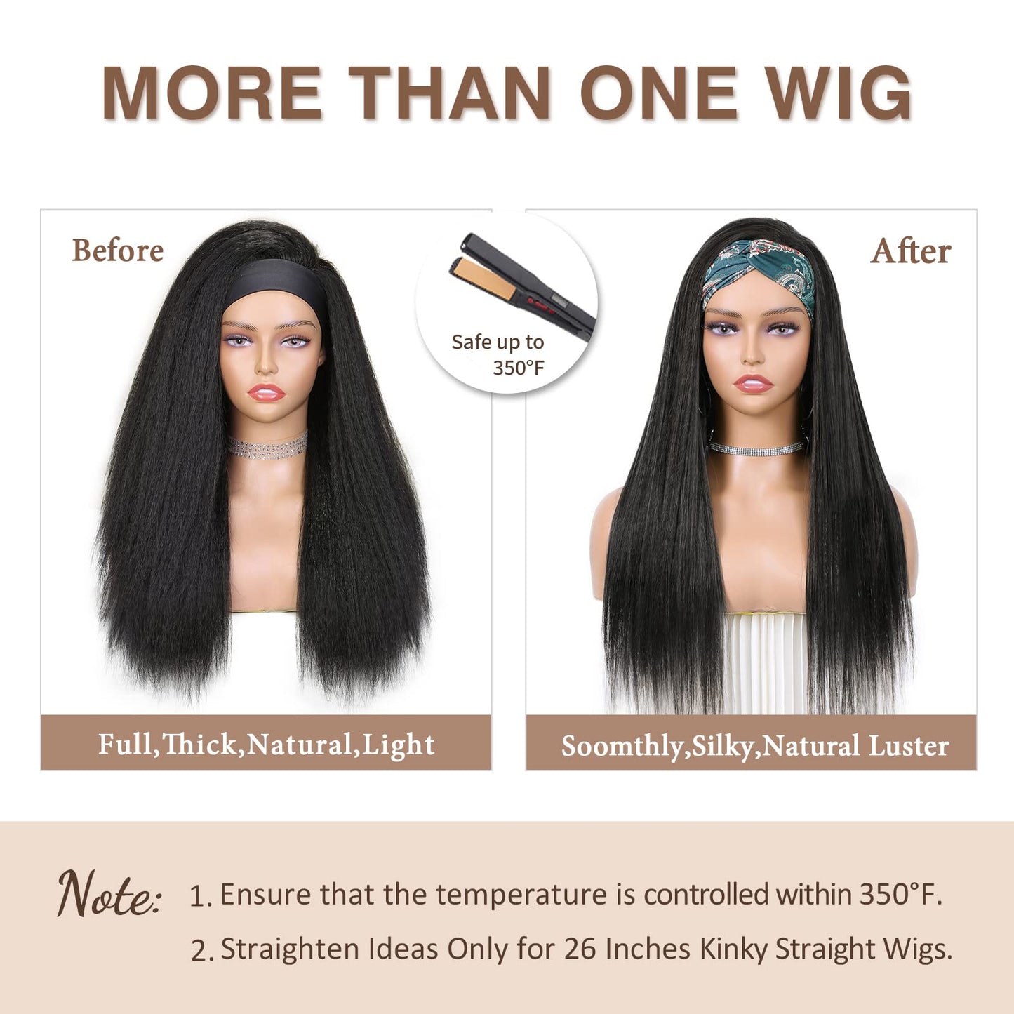 WIGNEE Kinky Straight Headband Wig for Women, 22 Inches, Yaki Straight Wigs with Black Headband, Synthetic Hair, Easy to Style, No Lace Front, No Glue