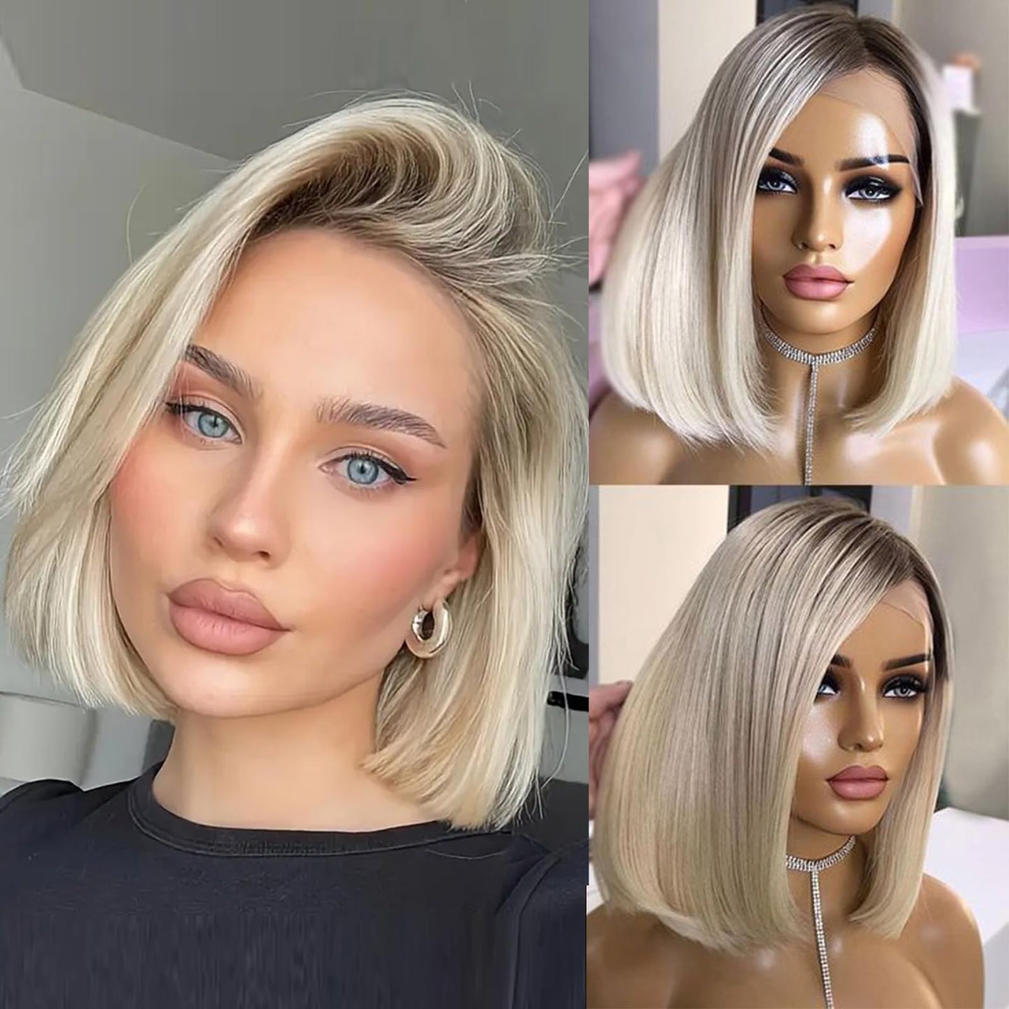 Glueless Ombre Platinum Blonde Bob Lace Front Wigs Human Hair 5x5 Pre Plucked Pre Cut Throw On and Go 4/60 Ash Blonde Wig Human Hair with Dark Roots Short Straight Wigs for Women 10 Inch 180%