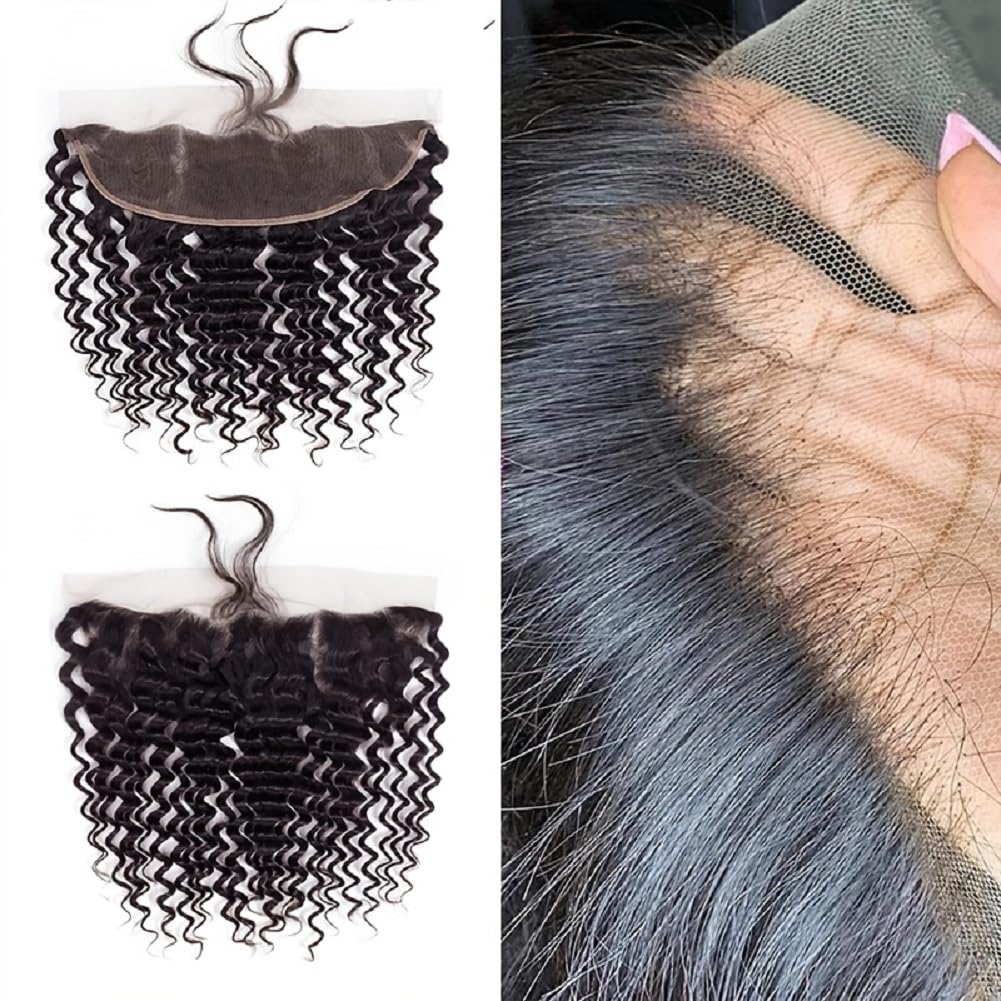13x4 HD Lace Frontal Closure Deep Wave 8 Inch Ear To Ear Frontal Free Part Closure with Baby Hair Brazilian Virgin Curly Human Hair for Women Pre Plucked Frontals Closure Natural Black