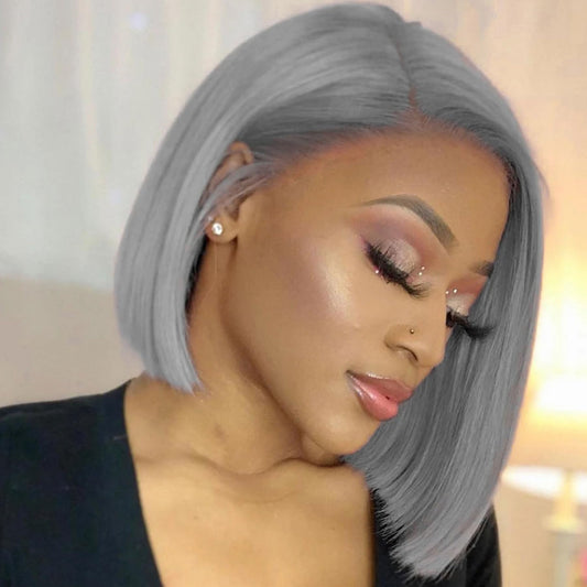 CUEKT 13x6 Grey Bob Lace Frontal Wig Human Hair Short Straight Transparent Front Wig Natural Density Pre Plucked Hairline Colored Gray Bob Wigs for Women 14 Inch