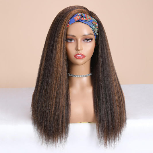WIGNEE Brown Highlights Kinky Straight Headband Wig for Women 22 Inches Yaki Straight Wigs with Black Headband Kinky Straight Wigs for Black Women (2A/30# Highlights, 22 Inch)