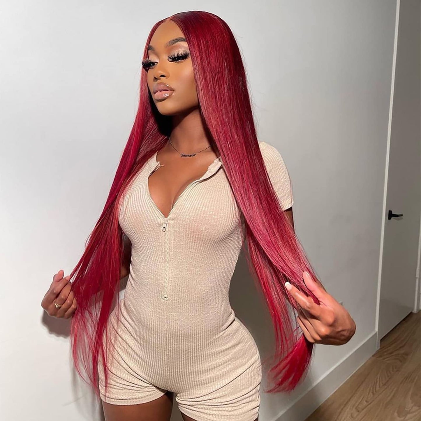 ANDRIA Lace Front Wigs Straight Hair Glueless Lace Wigs Synthetic Long Silk Straight Natural Wig Heat Resistant Fiber Red Wig With Baby Hair For Black Women 24 Inches