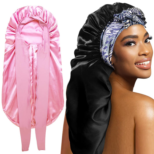 2Pcs Bonnets for Women Sleeping Braid Bonnet, Large Long Satin Silk Bonnet for Braids, Black Women Braid Bonnets with Stretchy Tie Band for Sleeping Extra Long (Pink &Black Pattern)