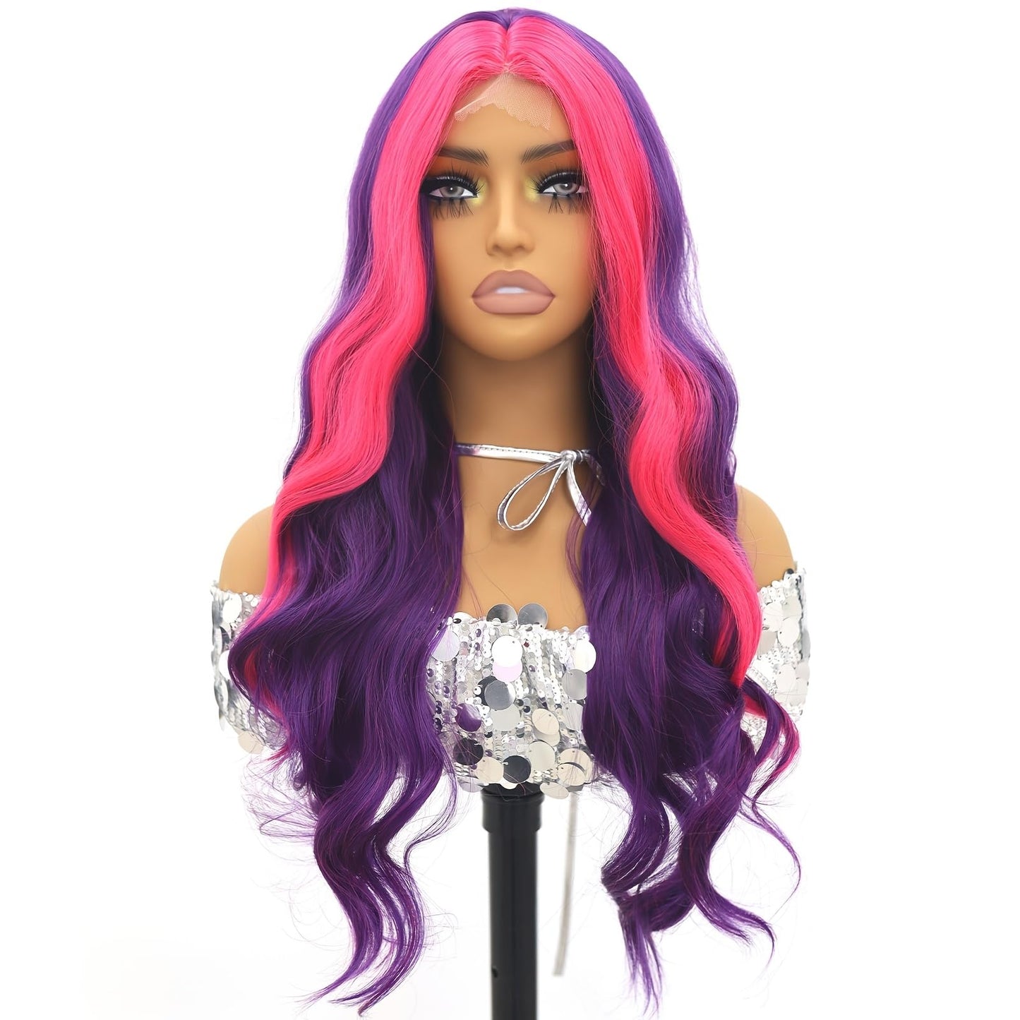 SISIFIRE Purple Red Highlight Long Curly Wavy Wigs for Women Middle Part Synthetic Heat Resistant Fiber Small Lace Wig for Halloween Cosplay Christmas Wigs