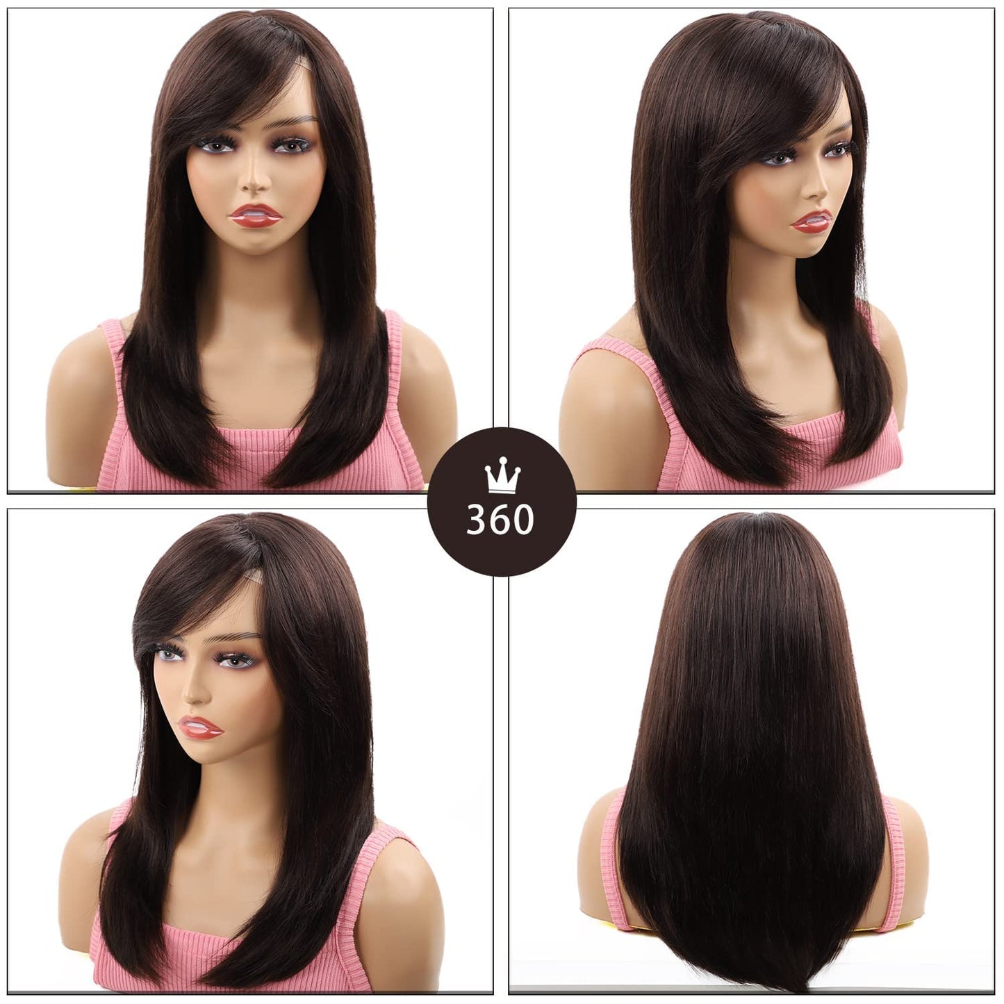 NATAGHAIR Long Brown Wig with Bangs Human Hair - Straight Wig 100% Virgin Remy Hair Curly Wigs for White Black Women Natural Looking Hair Replacement Wigs
